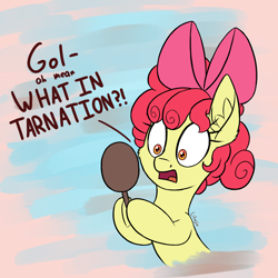 Size: 1450x1450 | Tagged: safe, artist:litrojia, apple bloom, earth pony, pony, g4, abstract background, alternate hairstyle, dialogue, female, filly, golly, implied cozy glow, mirror, solo, what in tarnation