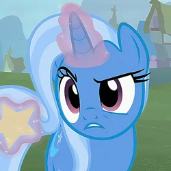 Size: 500x500 | Tagged: safe, edit, edited screencap, screencap, trixie, pony, unicorn, g4, female, glowing horn, horn, levitation, magic, mare, raised eyebrow, solo, telekinesis, trixie is not amused, unamused