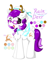 Size: 2011x2461 | Tagged: safe, artist:焰心fireworks, oc, oc only, oc:rain deer, deer, deer pony, original species, pony, artificial wings, augmented, chest fluff, deer antlers, ear fluff, glasses, heart eyes, high res, looking at you, magic, magic wings, open mouth, reference sheet, smiling, standing, wingding eyes, wings