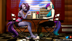 Size: 3840x2160 | Tagged: safe, artist:shadowboltsfm, oc, oc:aurora starling, oc:raven storm, anthro, plantigrade anthro, 3d, 4k, barefoot, blushing, bra, breasts, clothes, curtains, cute, eyelashes, feet, female, flip-flops, foot fetish, footsie, glasses, high res, kettle, looking away, nail polish, sandals, shorts, sitting, smiling, source filmmaker, sports bra, table, underwear