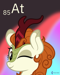 Size: 4000x5000 | Tagged: safe, artist:parclytaxel, autumn blaze, kirin, nirik, series:joycall6's periodic table, g4, .svg available, absurd resolution, astatine, bust, chemistry, female, fire, looking at you, one eye closed, periodic table, portrait, solo, vector, wink