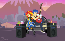 Size: 14655x9308 | Tagged: safe, artist:zeldarondl, flash sentry, sunset shimmer, equestria girls, g4, burger, car, electric guitar, female, food, guitar, hamburger, male, milkshake, mountain, musical instrument, ship:flashimmer, shipping, speaker, straight