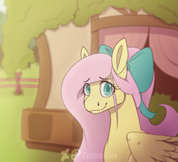 Size: 1119x1022 | Tagged: safe, artist:zezhirdeliora, fluttershy, pegasus, pony, g4, bow, bust, cute, eye clipping through hair, female, fluttershy's cottage, hair bow, looking at you, mare, outdoors, portrait, shyabetes, smiling, solo, stray strand, three quarter view, wings