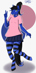 Size: 1755x3496 | Tagged: safe, artist:ella-draws, oc, oc only, oc:rain chaser, anthro, choker, clothes, commission, crossdressing, girly, male, one eye closed, ponytail, skirt, socks, solo, striped socks, tongue out, wink