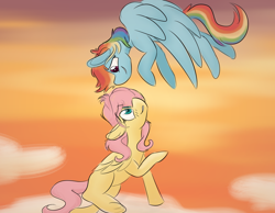 Size: 2000x1550 | Tagged: safe, artist:antimationyt, fluttershy, rainbow dash, pegasus, pony, atg 2020, blushing, cloud, ear fluff, eye contact, female, flutterdash, flying, folded wings, lesbian, looking at each other, looking down, looking up, mare, missing cutie mark, newbie artist training grounds, on a cloud, outdoors, raised hoof, shipping, sitting, sky, smiling, spread wings, wings