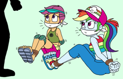 Size: 2729x1746 | Tagged: safe, artist:bugssonicx, rainbow dash, scootaloo, equestria girls, alternate hairstyle, arm behind back, bondage, bound and gagged, bound wrists, cap, cloth gag, clothes, dashsub, feet, female, femsub, gag, hat, help us, kidnapped, midriff, pants, peril, rainbond dash, sandals, scootasub, shadow, submissive, tied hands, tied up, toes