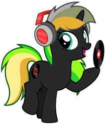 Size: 1821x2138 | Tagged: safe, artist:lightning stripe, derpibooru exclusive, oc, oc only, oc:melody beats, pony, unicorn, g4, black coat, clothes, commission, cutie mark, female, headphones, horn, long hair, long mane, mare, multicolored hair, one leg raised, record, show accurate, simple background, smiling, solo, teal eyes, transparent background, vector