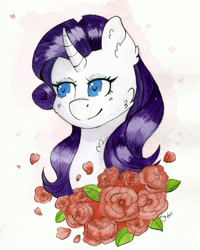 Size: 2424x3030 | Tagged: safe, artist:lightisanasshole, rarity, pony, unicorn, g4, abstract background, alternate hairstyle, blue eyes, bust, chest fluff, curved horn, ear fluff, eyeliner, female, flower, high res, horn, leaf, makeup, neck fluff, petals, portrait, rose, solo, white coat