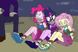 Size: 1778x1186 | Tagged: safe, artist:bugssonicx, fluttershy, pinkie pie, sci-twi, twilight sparkle, human, equestria girls, equestria girls specials, g4, my little pony equestria girls: spring breakdown, arm behind back, boat, bondage, bound and gagged, clothes, cruise outfit, crying, dress, eyes closed, eyeshadow, feet, female, femsub, fluttersub, gag, glasses, help us, helpless, kidnapped, makeup, peril, pinkiesub, pirate, sandals, scared, skirt, sleeveless, submissive, tape, tape gag, tied hands, tied up, trio focus, twisub