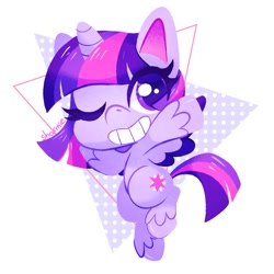 Size: 1000x1000 | Tagged: safe, artist:sharmie, twilight sparkle, alicorn, pony, g4.5, my little pony: pony life, abstract background, colored pupils, cute, female, one eye closed, smiling, solo, twiabetes, twilight sparkle (alicorn), wink
