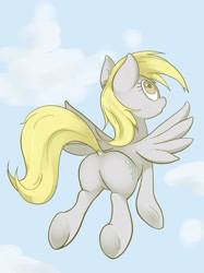 Size: 1535x2048 | Tagged: safe, artist:noupu, derpy hooves, pegasus, pony, g4, bubble butt, butt, cute, derpabetes, dock, featureless crotch, female, flying, mare, plot, sky, solo, spread wings, wings