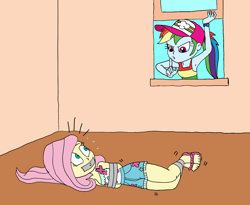 Size: 1668x1367 | Tagged: safe, artist:bugssonicx, fluttershy, rainbow dash, human, equestria girls, g4, alternate hairstyle, arm behind back, bondage, bound and gagged, cap, clothes, feet, female, femsub, fluttersub, gag, hat, pants, rescue, room, sandals, shhh, submissive, tape, tape bondage, tape gag, tied up, window