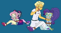 Size: 2595x1412 | Tagged: safe, artist:bugssonicx, fluttershy, ragamuffin (g4), rarity, sci-twi, twilight sparkle, human, equestria girls, equestria girls specials, g4, my little pony equestria girls: better together, my little pony equestria girls: spring breakdown, angry, arm behind back, bondage, bound together, cellphone, clothes, crying, feet, female, gag, glasses, help us, kidnapped, phone, phone call, rope, rope bondage, sandals, scared, shoes, smartphone, tape, tape gag, teary eyes, tied up