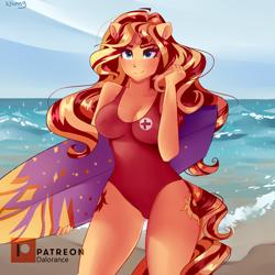 Size: 4000x4000 | Tagged: safe, artist:xjenn9, sunset shimmer, equestria girls, g4, baywatch, beach, bedroom eyes, breasts, busty sunset shimmer, cleavage, clothes, female, lifeguard, looking at you, mare, ocean, one-piece swimsuit, ponied up, smiling, solo, surfboard, swimsuit