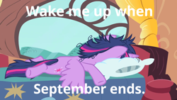 Size: 1280x720 | Tagged: safe, edit, edited screencap, screencap, twilight sparkle, alicorn, pony, g4, inspiration manifestation, 2020, bed, caption, female, golden oaks library, green day, image macro, messy mane, solo, song reference, text, tired, twilight sparkle (alicorn), wake me up when september ends