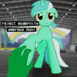 Size: 1070x1058 | Tagged: safe, artist:pastthesouthpole, lyra heartstrings, oc, oc:anon, human, pony, g4, 4chan, animated, distortion, drawthread, error, glitch, holding hoof, looking at you, meme, no sound, offscreen character, ponified, ponified meme, text, webm