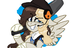 Size: 978x633 | Tagged: safe, artist:naaltive, oc, oc only, oc:misty serenity, pegasus, pony, bandage, baseball bat, clothes, cosplay, costume, evil smile, female, grin, hat, headpiece, scout (tf2), smiling, solo, team fortress 2