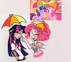 Size: 2453x2139 | Tagged: safe, artist:citi, screencap, pinkie pie, twilight sparkle, human, feeling pinkie keen, g4, boop, clothes, cutie mark, cutie mark on clothes, hat, high res, humanized, one eye closed, scene interpretation, screencap reference, umbrella hat, wink