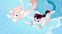 Size: 3600x2000 | Tagged: safe, artist:rerorir, oc, oc only, oc:razorwing, pegasus, pony, bandage, cloud, female, flying, high res, mare, simple background, white background