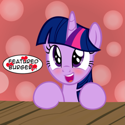 Size: 1235x1234 | Tagged: safe, artist:badumsquish, derpibooru exclusive, twilight sparkle, alicorn, pony, derpibooru, g4, :d, abstract background, blushing, dialogue, female, happy, heart, looking up, meta, open mouth, show accurate, solo, that pony sure does love burgers, twilight burgkle, twilight sparkle (alicorn), want, wide eyes