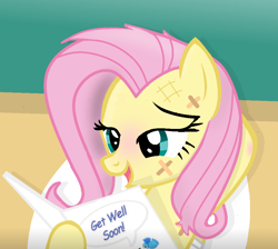 Size: 954x854 | Tagged: safe, artist:grapefruitface1, fluttershy, pegasus, pony, g4, base used, bed, card, female, get well card, get well soon, hospital, pillow, show accurate, solo