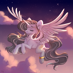 Size: 3000x3000 | Tagged: safe, artist:sugarstar, oc, oc only, oc:controllette, alicorn, pony, rcf community, cloud, eyes closed, female, high res, horn, mare, sky, solo, spread wings, wings