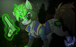 Size: 1920x1200 | Tagged: safe, artist:brainiac, oc, oc only, oc:littlepip, pony, unicorn, fallout equestria, bottomless, clothes, fanfic, fanfic art, female, glowing horn, gun, handgun, horn, jumpsuit, levitation, little macintosh, looking at you, magic, mare, partial nudity, pipbuck, revolver, solo, spruce tree, telekinesis, tree, vault suit, weapon