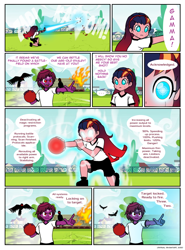 Size: 824x1112 | Tagged: safe, artist:crydius, oc, oc:eldritch, oc:gamma, bird, crow, robot, comic:the first year's dodgeball competition, equestria girls, g4, comic, dodgeball, equestria girls-ified, flying, glowing eyes, instant regret, locked, magical lesbian spawn, now you fucked up, offspring, parent:oc:crydius, parent:sci-twi, parent:sunset shimmer, parent:tempest shadow, parents:canon x oc, parents:crydiusshadow, parents:scitwishimmer, running, scientific lesbian spawn, shooting, target locked, this will end in death, this will end in tears, this will end in tears and/or death, uh oh, xk-class end-of-the-world scenario