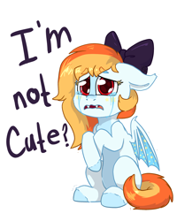Size: 1600x2000 | Tagged: safe, artist:katiex-factor, oc, oc only, oc:vega, bat pony, pony, adorable distress, bat pony oc, bat wings, blatant lies, blue, bow, crossed hooves, crying, cute, fangs, floppy ears, hair bow, i'm not cute, lies, ocbetes, orange hair, red eyes, sad, sadorable, simple background, sitting, solo, stars, tears of pain, teeth, transparent background, wings, wings down, yellow hair