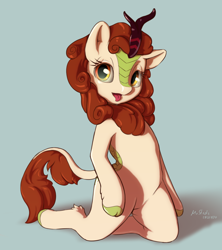 Size: 1048x1179 | Tagged: safe, artist:mrstrats, autumn blaze, kirin, g4, featureless crotch, female, kneeling, solo, tongue out