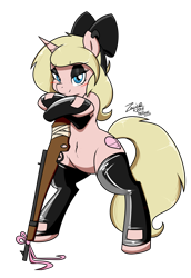 Size: 2323x3376 | Tagged: safe, artist:coatieyay, artist:zajice, oc, oc only, oc:deady, pony, unicorn, belly, belly button, belly freckles, blushing, bow, clothes, eyeshadow, featureless crotch, female, freckles, gun, high res, hoofless socks, horn, latex, latex socks, makeup, mare, rifle, simple background, socks, solo, transparent background, weapon