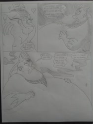 Size: 1944x2592 | Tagged: safe, artist:princebluemoon3, cosmos, draconequus, comic:the chaos within us, g4, bandana, black and white, bloated, blushing, canterlot, chaos, chubby, chubby cheeks, comic, commissioner:bigonionbean, dialogue, dream, embarrassed, extra thicc, fat, female, floating, grayscale, monochrome, moon, night, nightmare, obese, out of control magic, planet, squishy, squishy cheeks, stomach, talking to herself, traditional art, writer:bigonionbean