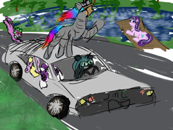 Size: 2000x1500 | Tagged: safe, artist:frostclaw, fluttershy, queen chrysalis, rarity, spike, starlight glimmer, changeling, changeling queen, dragon, pegasus, pony, robot, unicorn, g4, atg 2020, back to the future, delorean, female, heart eyes, newbie artist training grounds, robot unicorn attack, väinämöinen, wingding eyes