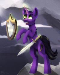 Size: 2000x2500 | Tagged: safe, artist:freak-side, oc, oc only, oc:pursord, pony, unicorn, high res, shield, solo, sword, weapon