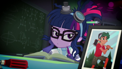 Size: 1280x720 | Tagged: safe, screencap, sci-twi, timber spruce, twilight sparkle, eqg summertime shorts, equestria girls, equestria girls series, g4, mad twience, axe, book, camp everfree outfits, clothes, cute, female, glasses, implied shipping, implied straight, implied timbertwi, lab coat, laboratory, legs, male, meme origin, photo, picture frame, scientist, shorts, smiling, timberbetes, weapon
