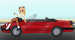 Size: 1813x974 | Tagged: safe, artist:grapefruitface1, equestria girls, g4, alfa romeo, barely eqg related, base used, bow, car, clothes, crossed arms, equestria girls-ified, looking at you, necktie, queen (band), road, roger taylor, rogerina, rule 63, school uniform, show accurate, sitting on car, socks, solo