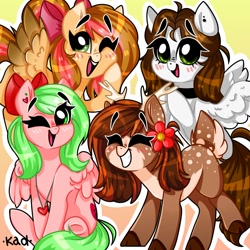 Size: 1150x1150 | Tagged: safe, artist:madkadd, oc, oc only, deer, deer pony, earth pony, original species, pegasus, pony, abstract background, antlers, blushing, bow, choker, cloven hooves, earth pony oc, flying, grin, group, hair bow, one eye closed, open mouth, pegasus oc, raised hoof, sitting, smiling, wings, wink