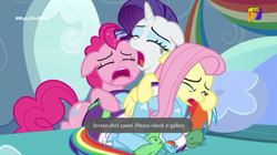 Size: 540x303 | Tagged: safe, screencap, fluttershy, pinkie pie, rainbow dash, rarity, tank, earth pony, pegasus, pony, unicorn, g4, tanks for the memories, azteca 7, crying, female, lost, makeup, mare, marshmelodrama, mascarity, open mouth, pet, rarity being rarity, running makeup, tv azteca