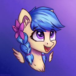 Size: 3000x3000 | Tagged: safe, artist:adagiostring, oc, oc only, oc:jeppesen, pegasus, pony, braid, bust, commission, cute, flower, flower in hair, gradient background, head shot, high res, open mouth, open smile, pegasus oc, portrait, purple eyes, simple background, smiling, solo, twin braids, wings, ych result
