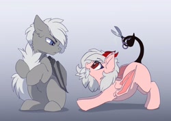 Size: 3508x2480 | Tagged: safe, artist:arctic-fox, oc, oc only, oc:lupa tori, oc:silver wing, bat pony, demon, demon pony, original species, pony, bat wings, brother and sister, duo, female, gray background, high res, looking at each other, male, scissors, siblings, simple background, wings