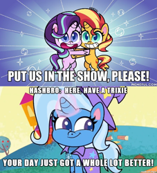 Size: 600x662 | Tagged: safe, artist:orin331, edit, edited screencap, screencap, starlight glimmer, sunset shimmer, trixie, pony, unicorn, friendship gems, g4, g4.5, my little pony: pony life, bronybait, caption, g4 to g4.5, image macro, text, your day is awesome
