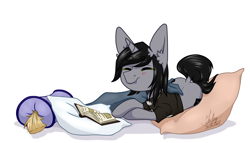 Size: 4850x2775 | Tagged: safe, artist:dar_onegin, pony, unicorn, blanket, book, clothes, commission, disguise, disguised siren, dock, ear fluff, eyes closed, fangs, horn, jewelry, kellin quinn, male, necklace, pillow, ponified, prone, reading, shirt, signature, simple background, sleeping with sirens, smiling, solo, stallion, t-shirt, white background, ych result