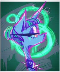 Size: 745x883 | Tagged: safe, artist:miss_glowwormis, oc, oc only, pony, unicorn, abstract background, bedroom eyes, bust, horn, makeup, solo, unicorn oc