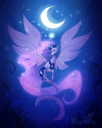 Size: 1080x1350 | Tagged: safe, artist:miss_glowwormis, princess luna, alicorn, merpony, seapony (g4), g4, blue mane, bubble, clothes, crescent moon, curved horn, digital art, ethereal mane, ethereal tail, female, fin wings, fins, fish tail, flowing mane, flowing tail, horn, lidded eyes, mare, moon, moonlight, night, ocean, seaponified, seapony luna, seaweed, see-through, signature, sirenified, smiling, solo, species swap, spread wings, starry mane, stars, swimming, tail, underwater, water, wings