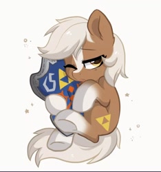 Size: 1072x1144 | Tagged: safe, artist:oofycolorful, earth pony, pony, coat markings, commission, commissioner:darnelg, cute, ear fluff, epona, eponadorable, epony, female, hug, mare, one eye closed, pillow, pillow hug, ponified, shield, simple background, sleepy, socks (coat markings), solo, the legend of zelda, underhoof, white background, wink, ych result