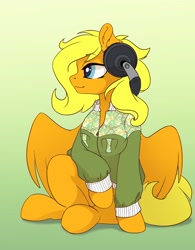 Size: 2480x3172 | Tagged: safe, artist:arctic-fox, oc, oc only, oc:lightly breeze, pegasus, pony, clothes, headphones, high res, jacket, solo