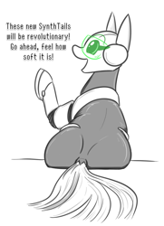 Size: 555x766 | Tagged: safe, artist:jargon scott, oc, oc only, oc:robopon, pony, robot, robot pony, butt, dock, female, grayscale, mare, monochrome, partial color, plot, rear view, simple background, sitting, solo, white background