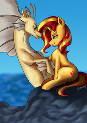 Size: 2480x3508 | Tagged: safe, artist:nire, adagio dazzle, sunset shimmer, pony, siren, unicorn, g4, beach, bedroom eyes, duo, eye contact, female, high res, holding hooves, lesbian, looking at each other, mare, ocean, rock, ship:sunsagio, shipping, sitting, smiling, smirk