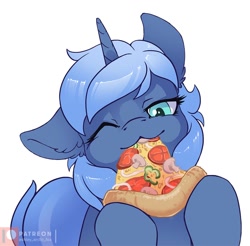 Size: 1000x982 | Tagged: safe, artist:arctic-fox, oc, oc only, oc:double colon, pony, unicorn, :3, ear fluff, eating, female, floppy ears, food, herbivore, horn, mushroom, one eye closed, onion, paprika, patreon, patreon logo, pizza, simple background, solo, tomato, white background