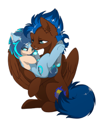 Size: 2601x3189 | Tagged: safe, artist:arctic-fox, oc, oc only, oc:ash wing, oc:nimble wing, earth pony, pegasus, pony, ashble, carrying, cutie mark, cyber legs, female, high res, holding a pony, male, simple background, tail, transparent background, wings